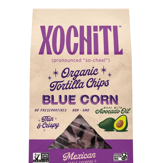 Xochitl blue corn tortilla chips with avocado oil packaging