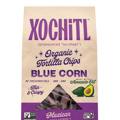 Xochitl blue corn tortilla chips with avocado oil packaging