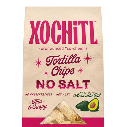 Xochitl no salt tortilla chips with avocado oil front packaging