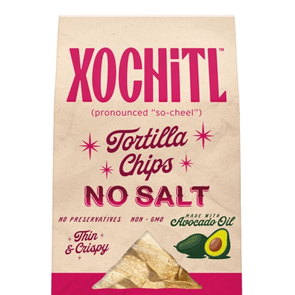 Xochitl no salt tortilla chips with avocado oil front packaging