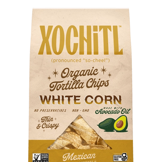 Xochitl organic white corn tortilla chips with avocado oil packaging