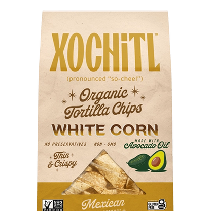 Xochitl organic white corn tortilla chips with avocado oil packaging