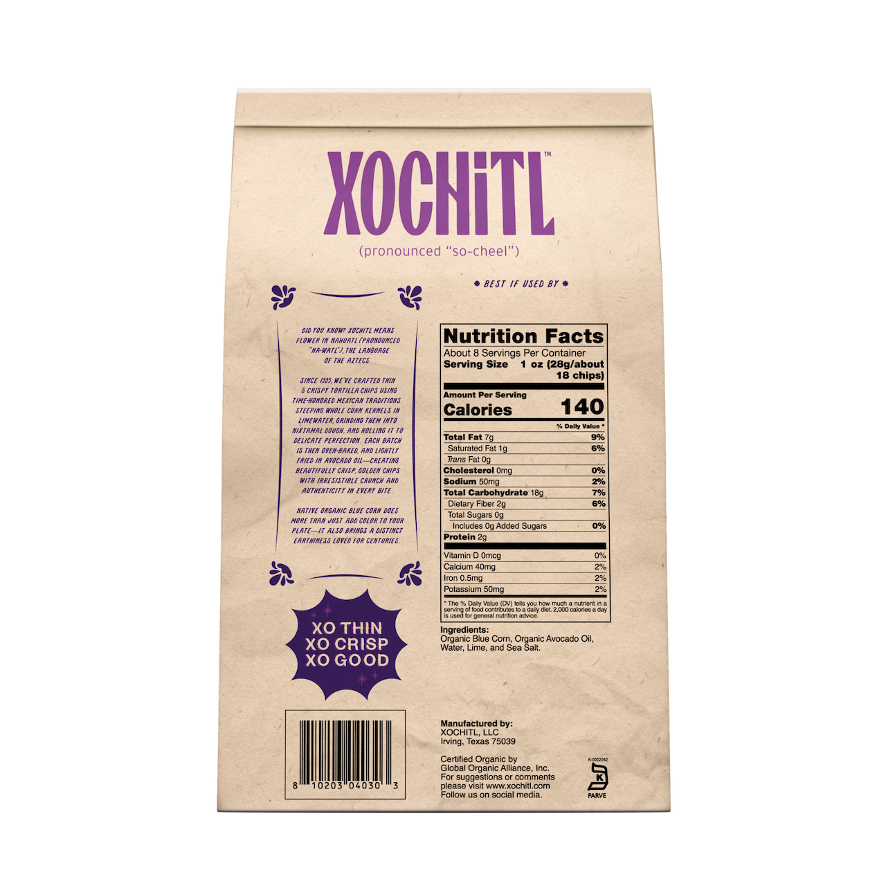 Xochitl blue corn tortilla chips product packaging with nutrition facts