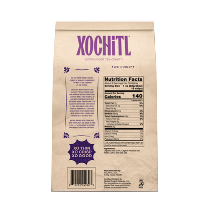 Xochitl blue corn tortilla chips product packaging with nutrition facts