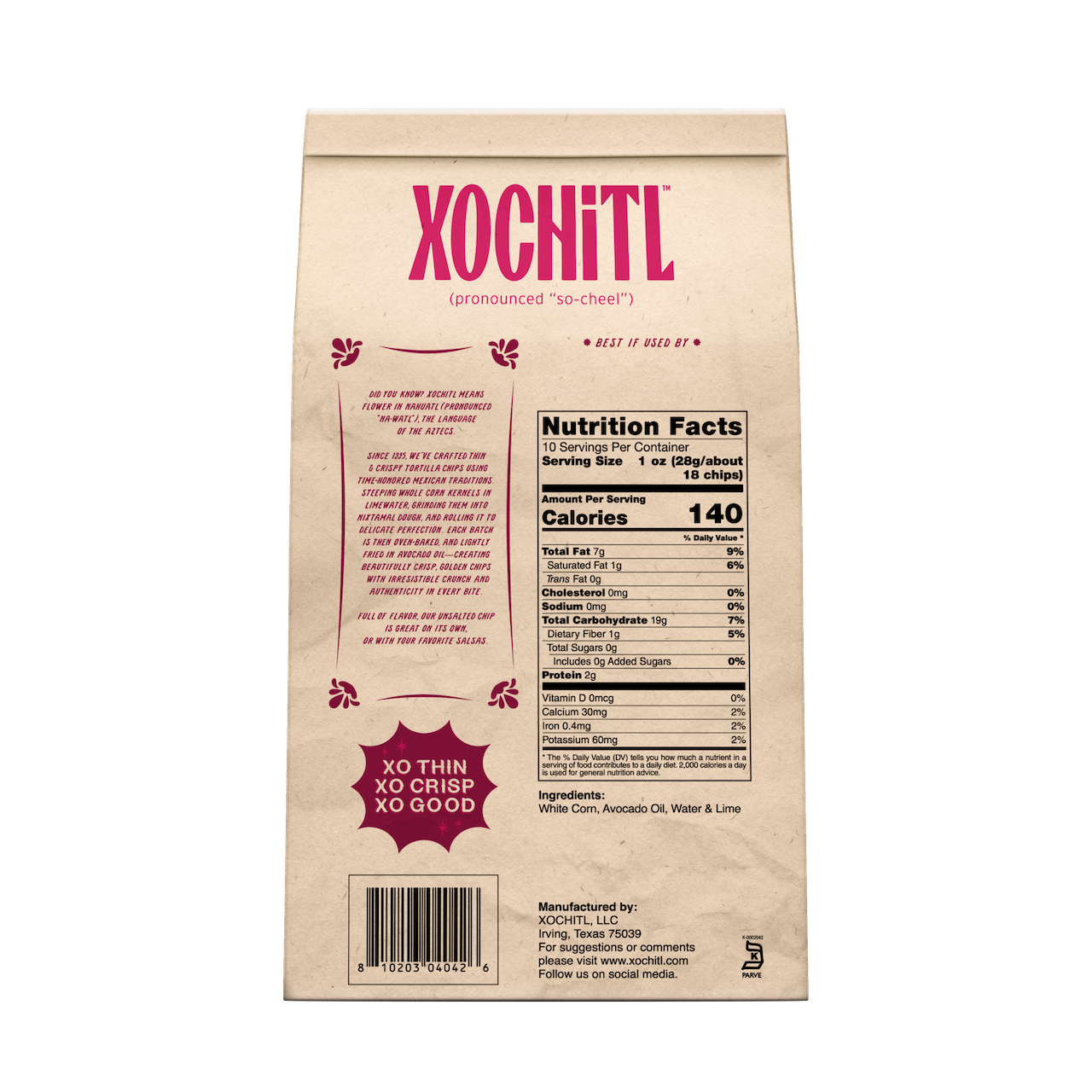 Xochitl no salt tortilla chips with avocado oil back of package