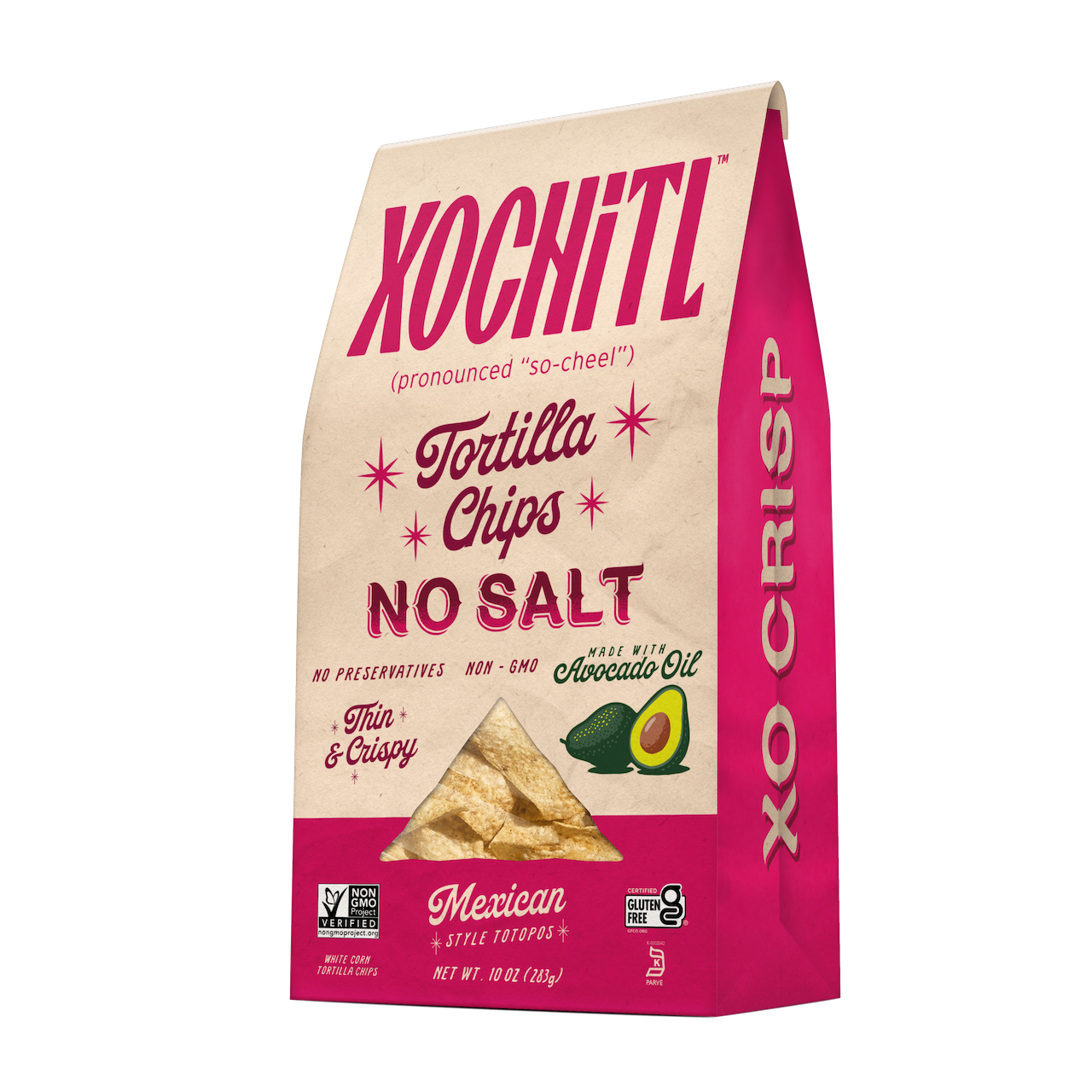 Xochitl no salt tortilla chips with avocado oil side packaging