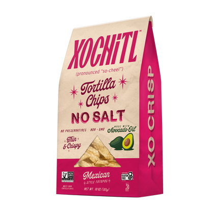 Xochitl no salt tortilla chips with avocado oil side packaging