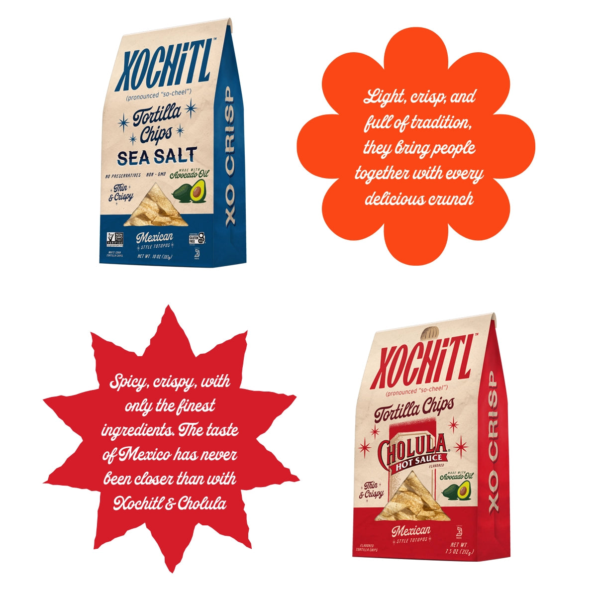 Two packages of Xochitl tortilla chips with descriptive text