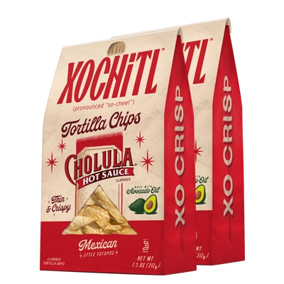 Xochitl Cholula hot sauce tortilla chips with avocado oil packaging 