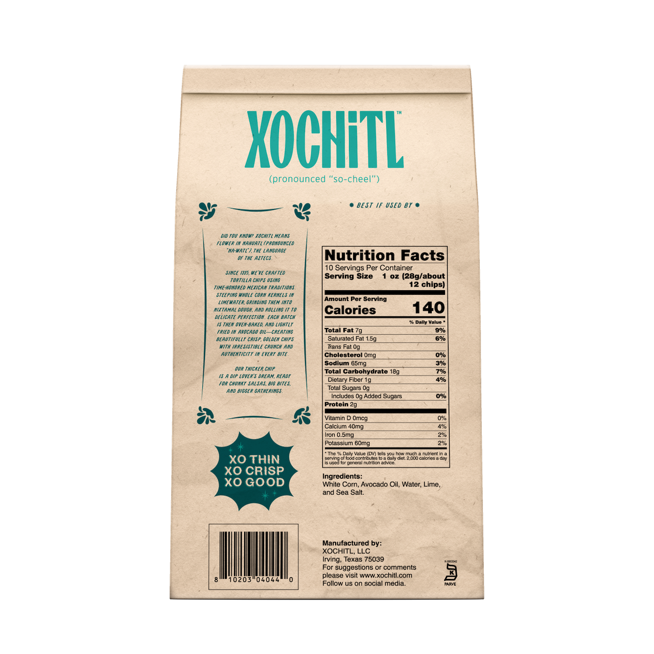 Xochitl The Dipper tortilla chips with avocado oil package with nutrition facts
