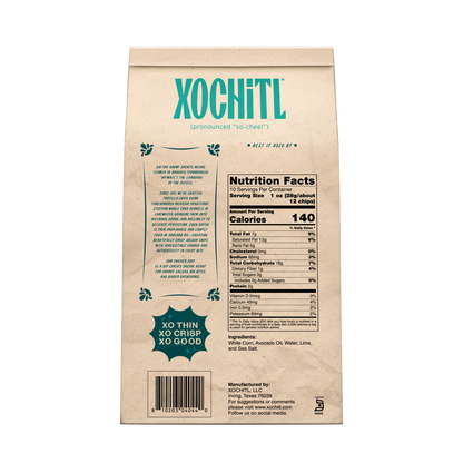 Xochitl The Dipper tortilla chips with avocado oil package with nutrition facts