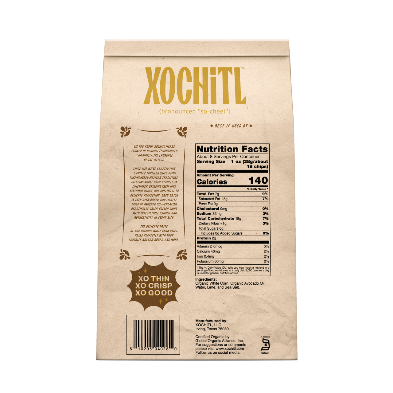 Xochitl white corn tortilla chips packaging with nutrition facts