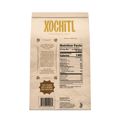 Xochitl white corn tortilla chips packaging with nutrition facts